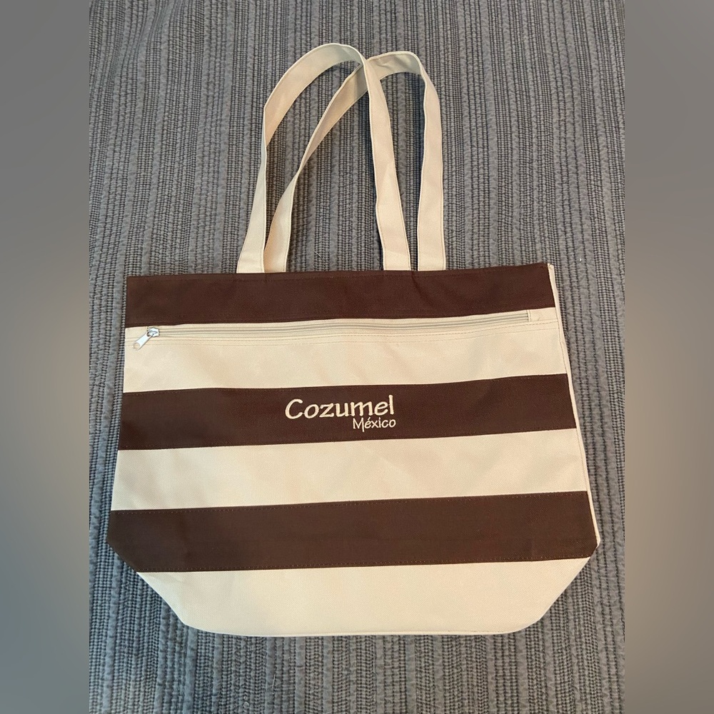 Cozumel Mexico Brown and Tan Striped Zipper Beach Tote – Brand New